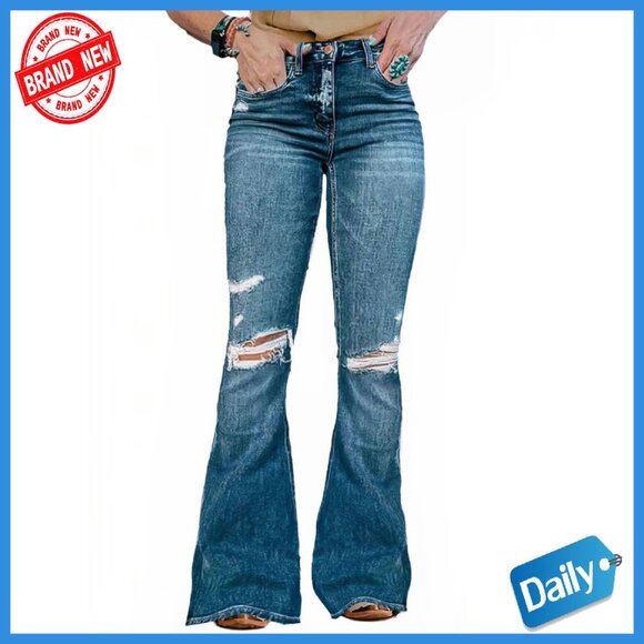 High Waist Flare Bell Bottom Jeans Raw Hem Distressed Wide Leg
